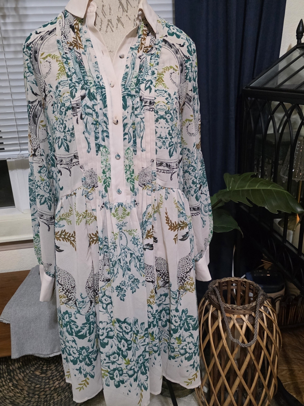 Anthropologie Maeve Ria Floral & Teal Print Long-Sleeve Dress